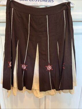 LOFT Brown A-Line Skirt with Cream Inset & Red Floral Embroidery